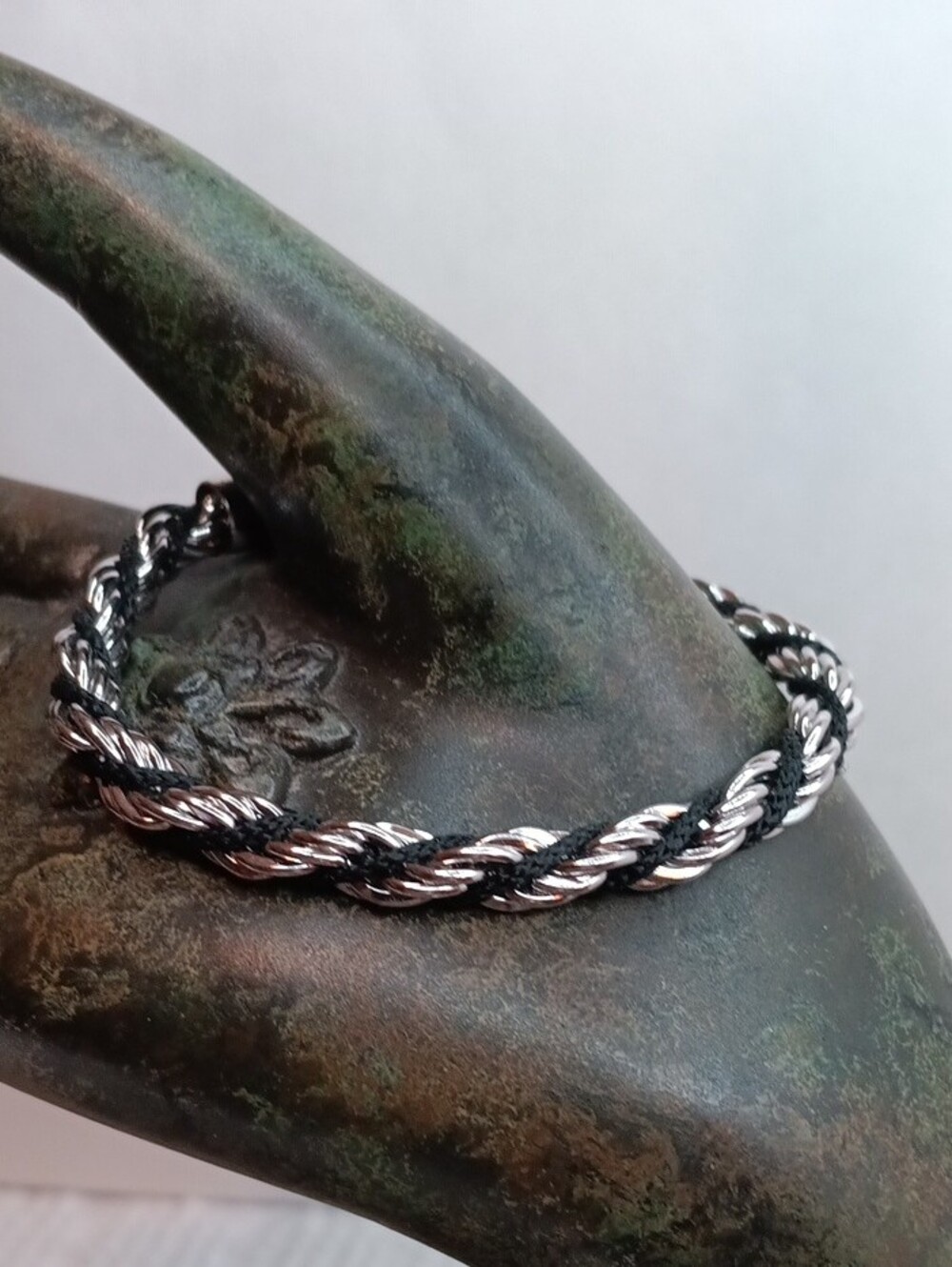 Trifari Silver Tone Black Rope Twist Bracelet 7.5" Long